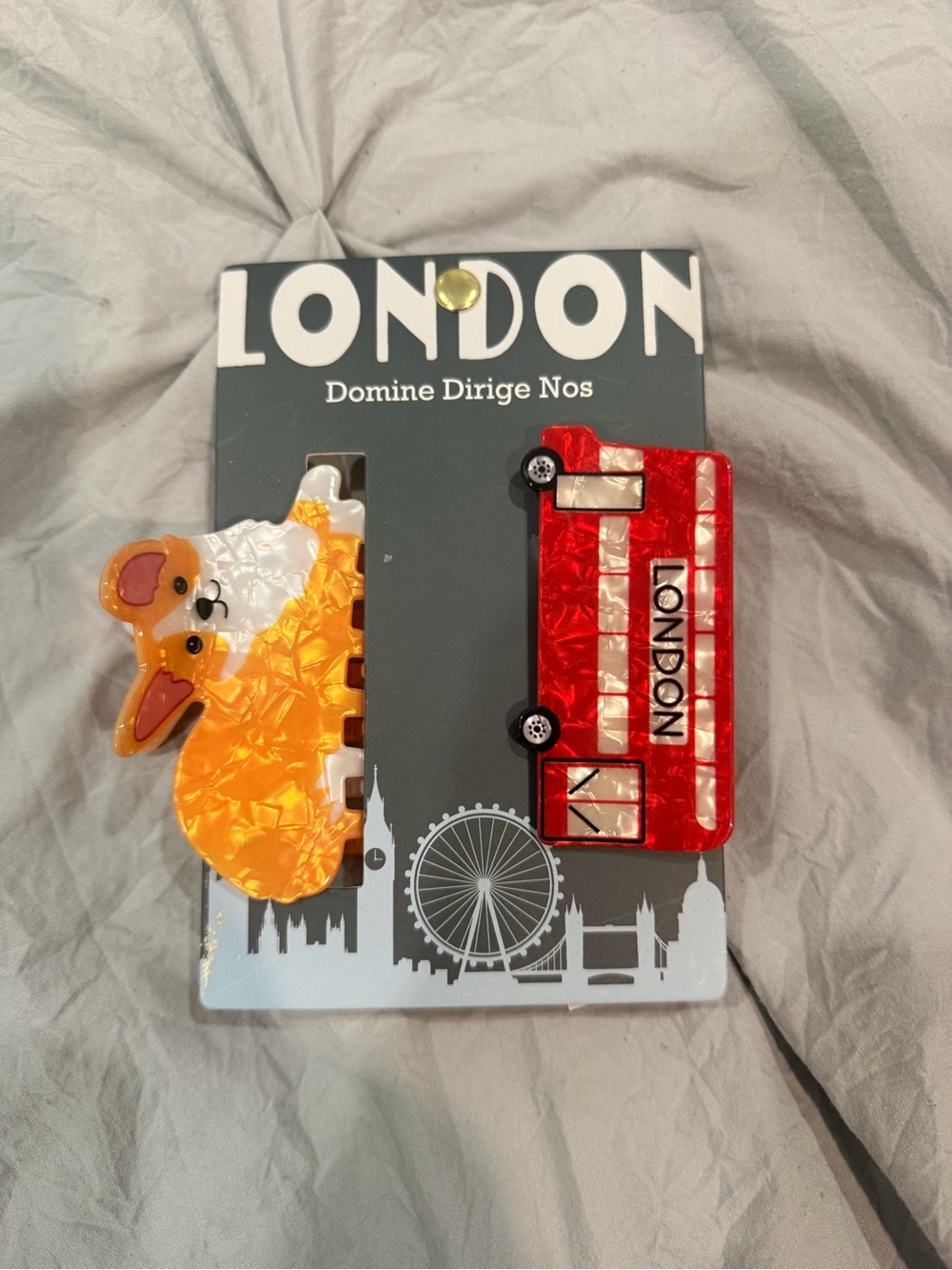 London-Themed Kids Hair Clip Set — Red Bus & Orange Corgi
